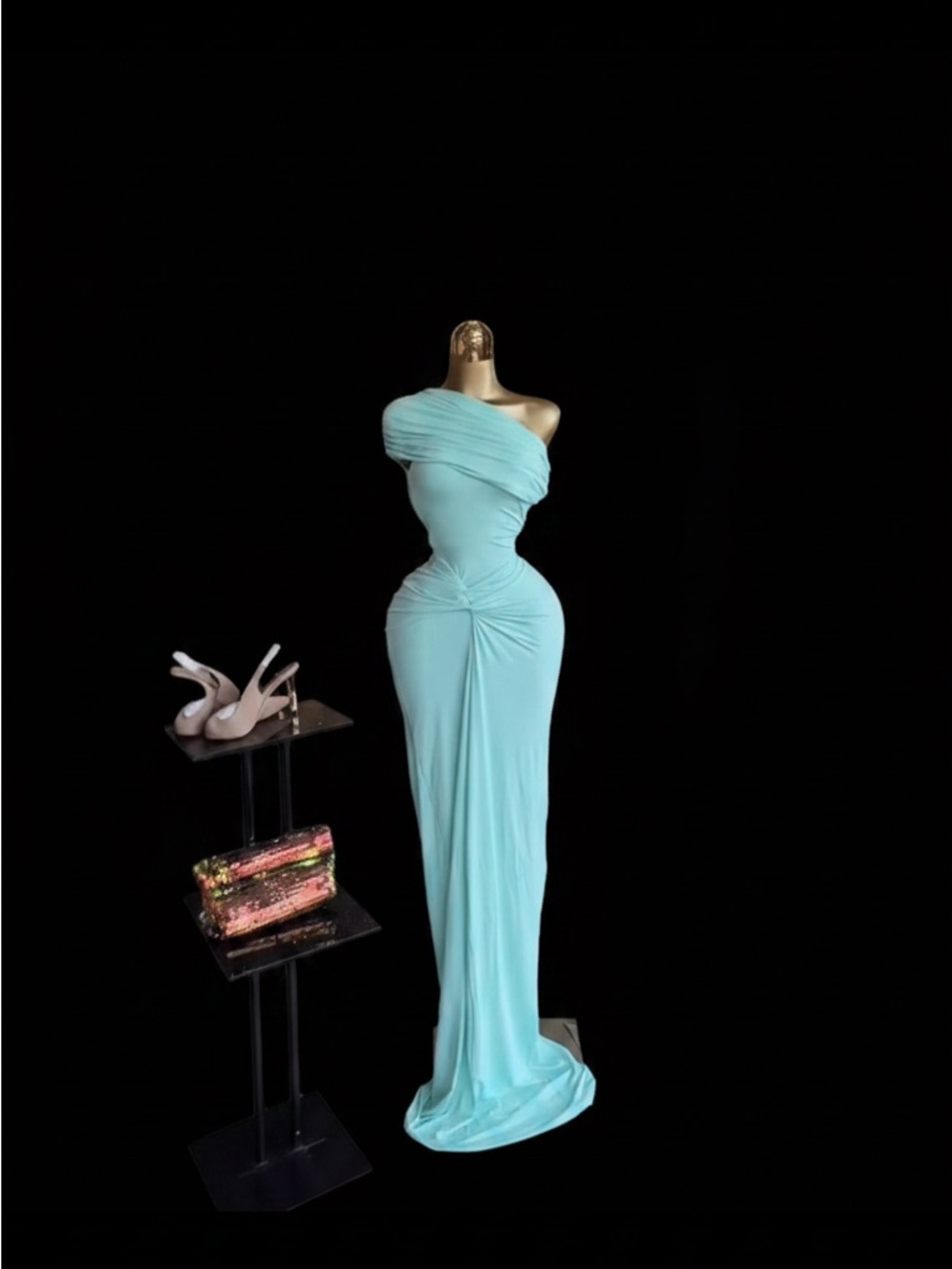 One-Shoulder Aqua Draped Evening Gown - Picture 8 of 11